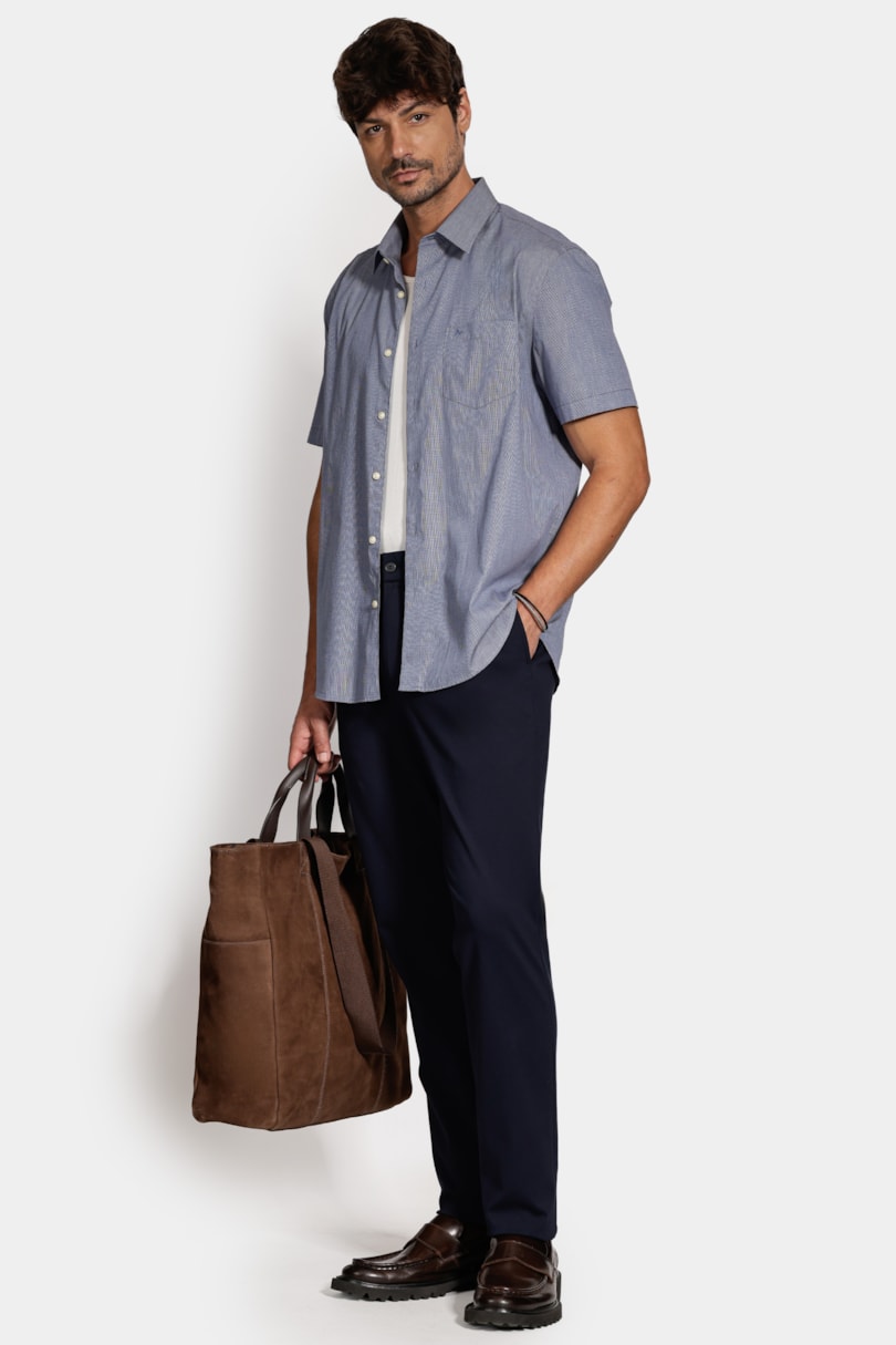 Camisa Regular Micro Xadrez Bolso Azul C/Branco