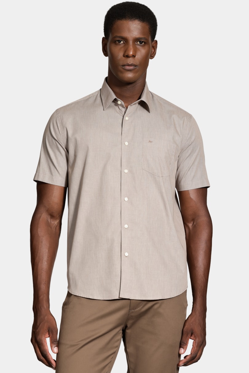 Camisa Regular Micro Xadrez Bolso Caqui / Branco