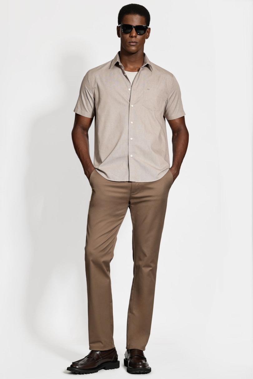 Camisa Regular Micro Xadrez Bolso Caqui / Branco