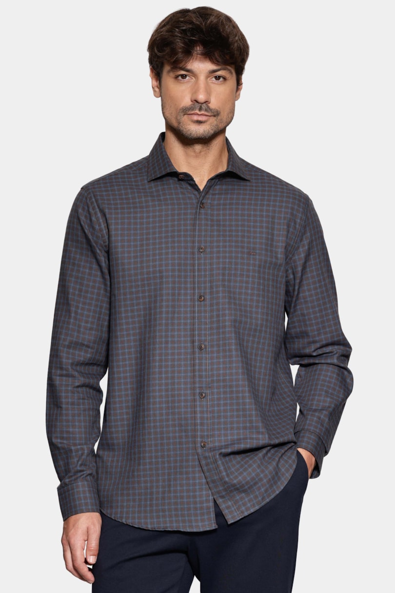 Camisa Regular Mini Xadrez Marinho C/Cafe