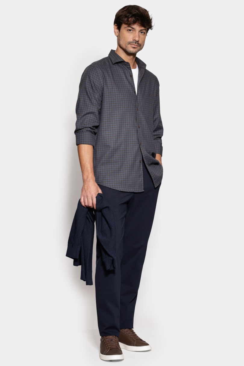 Camisa Regular Mini Xadrez Marinho C/Cafe