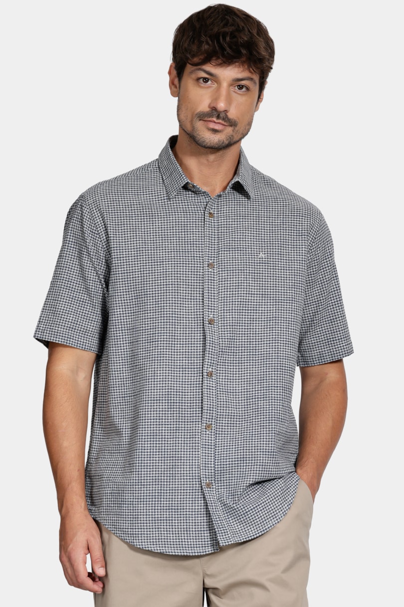 Camisa Regular Mini Xadrez Mescla Azul/Cinza