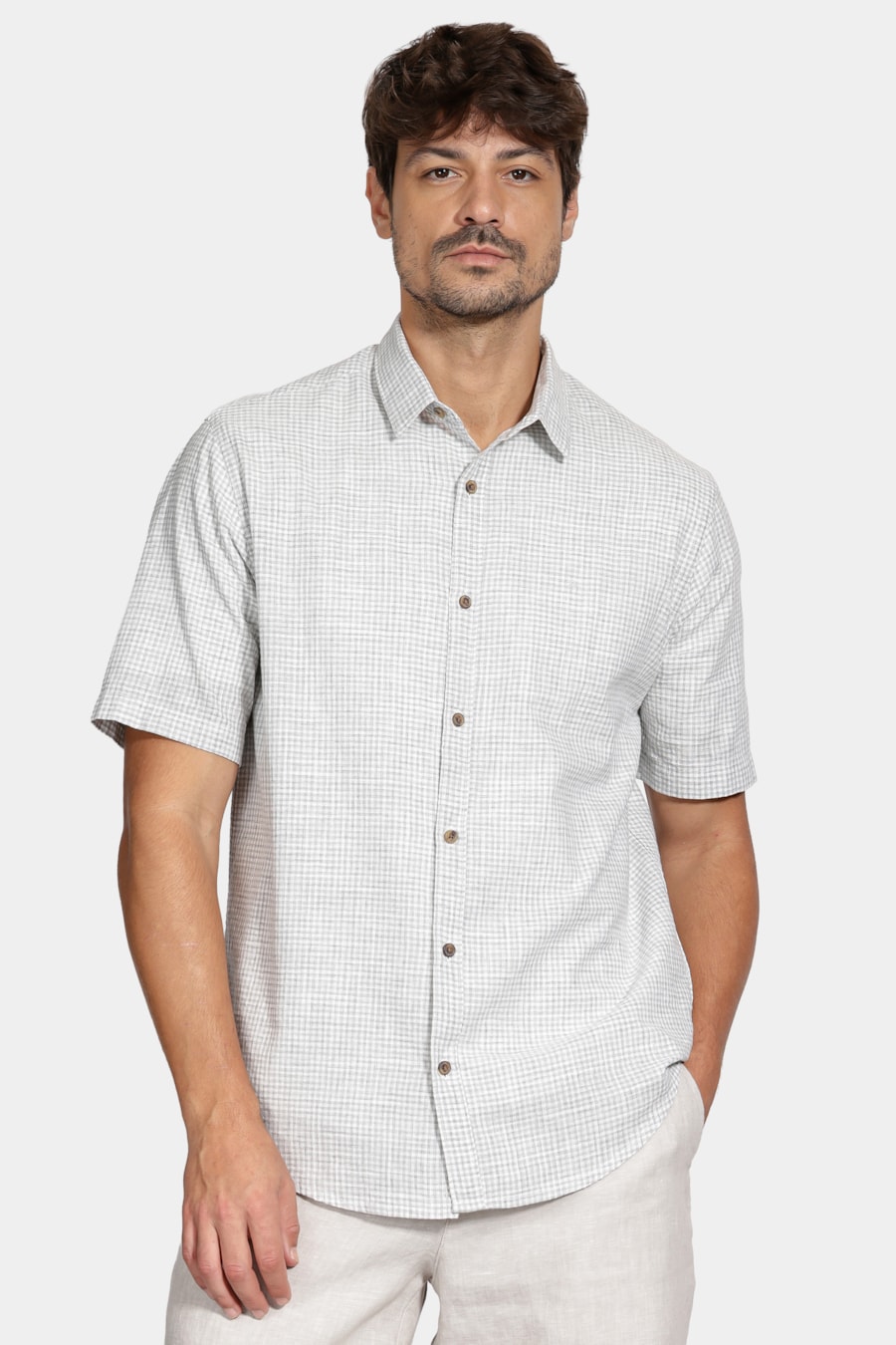 Camisa Regular Mini Xadrez Mescla Branco C/Cinza — foto 1 de 6