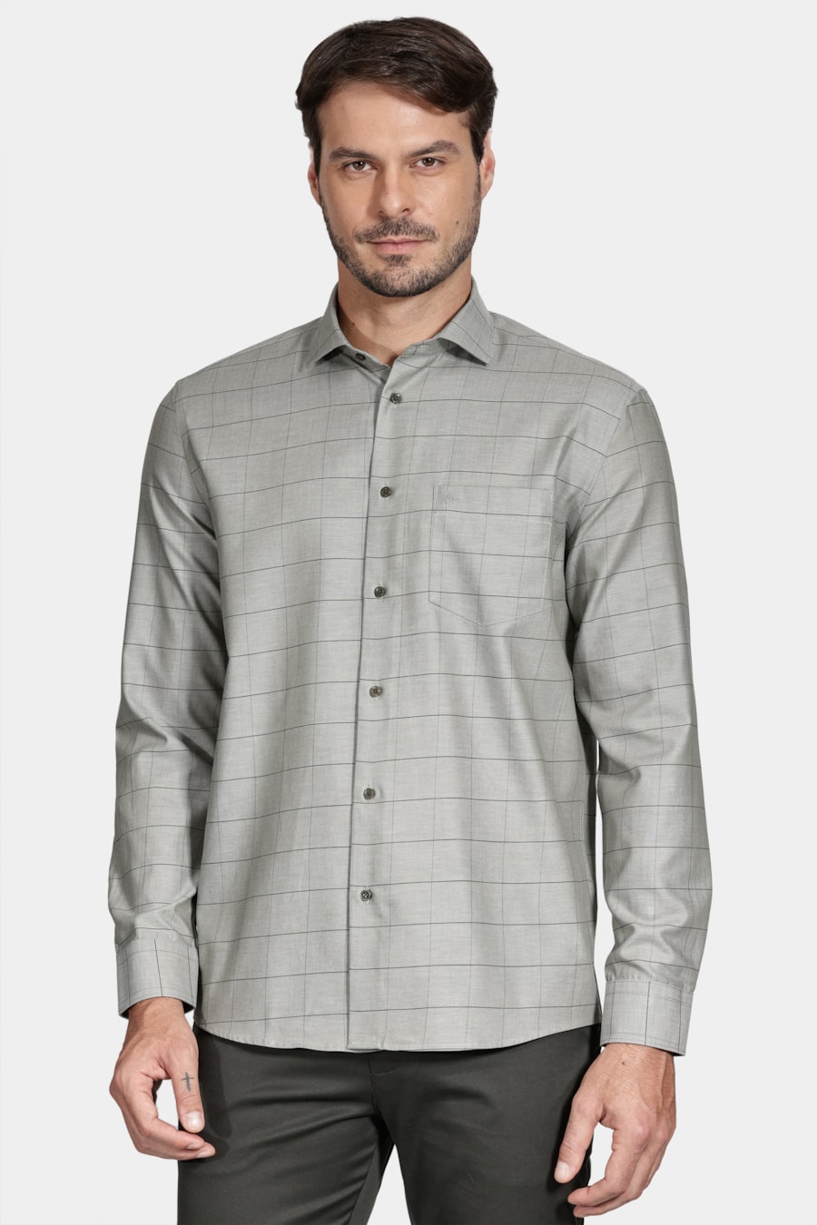 Camisa Regular Sarjada Xadrez Com Bolso Verde — foto 1 de 5