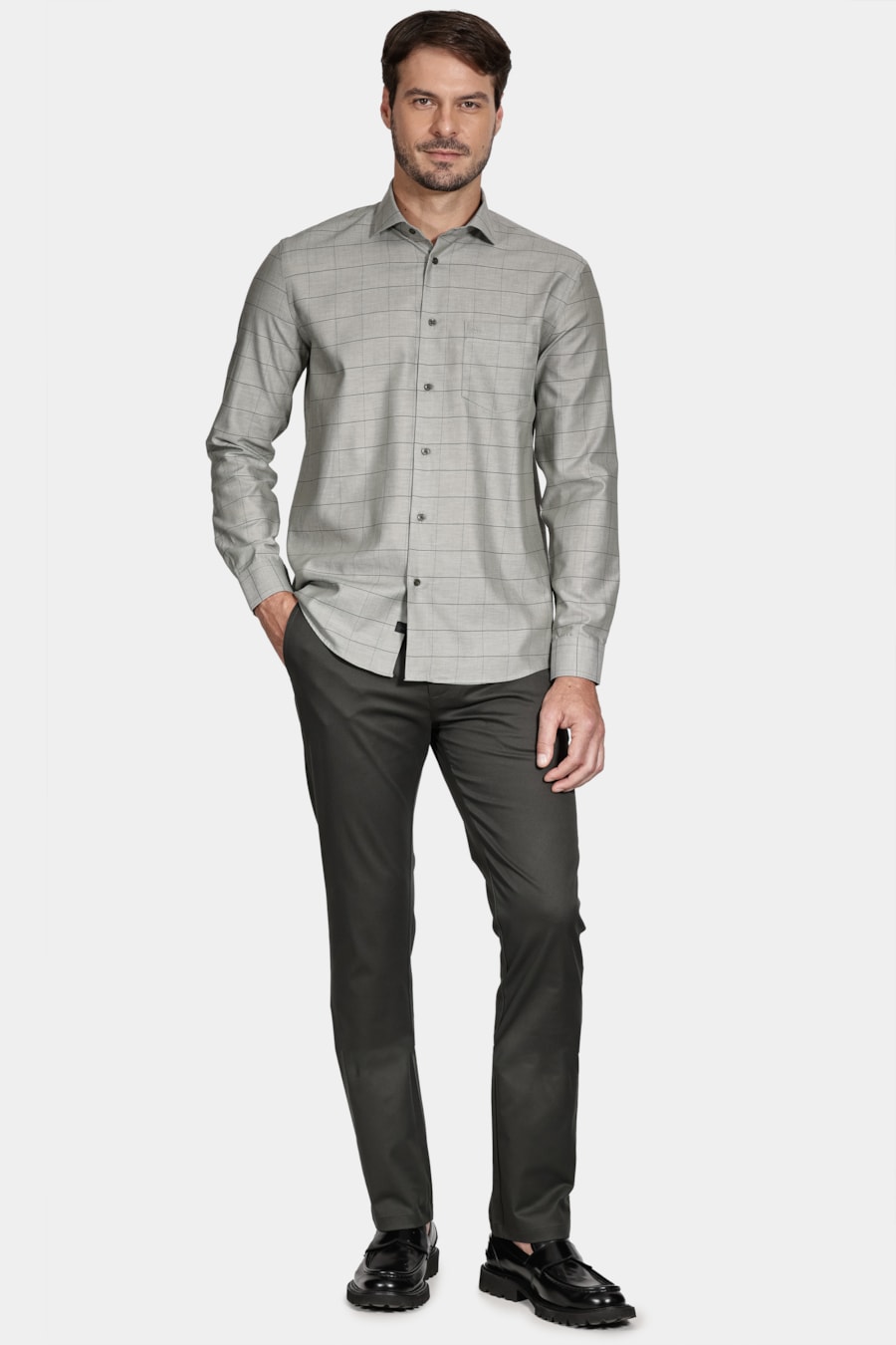 Camisa Regular Sarjada Xadrez Com Bolso Verde — foto 2 de 5