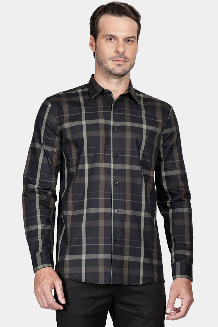 Camisa Regular Tricoline Maxi Xadrez Preto Com Verde — foto 1 de 5