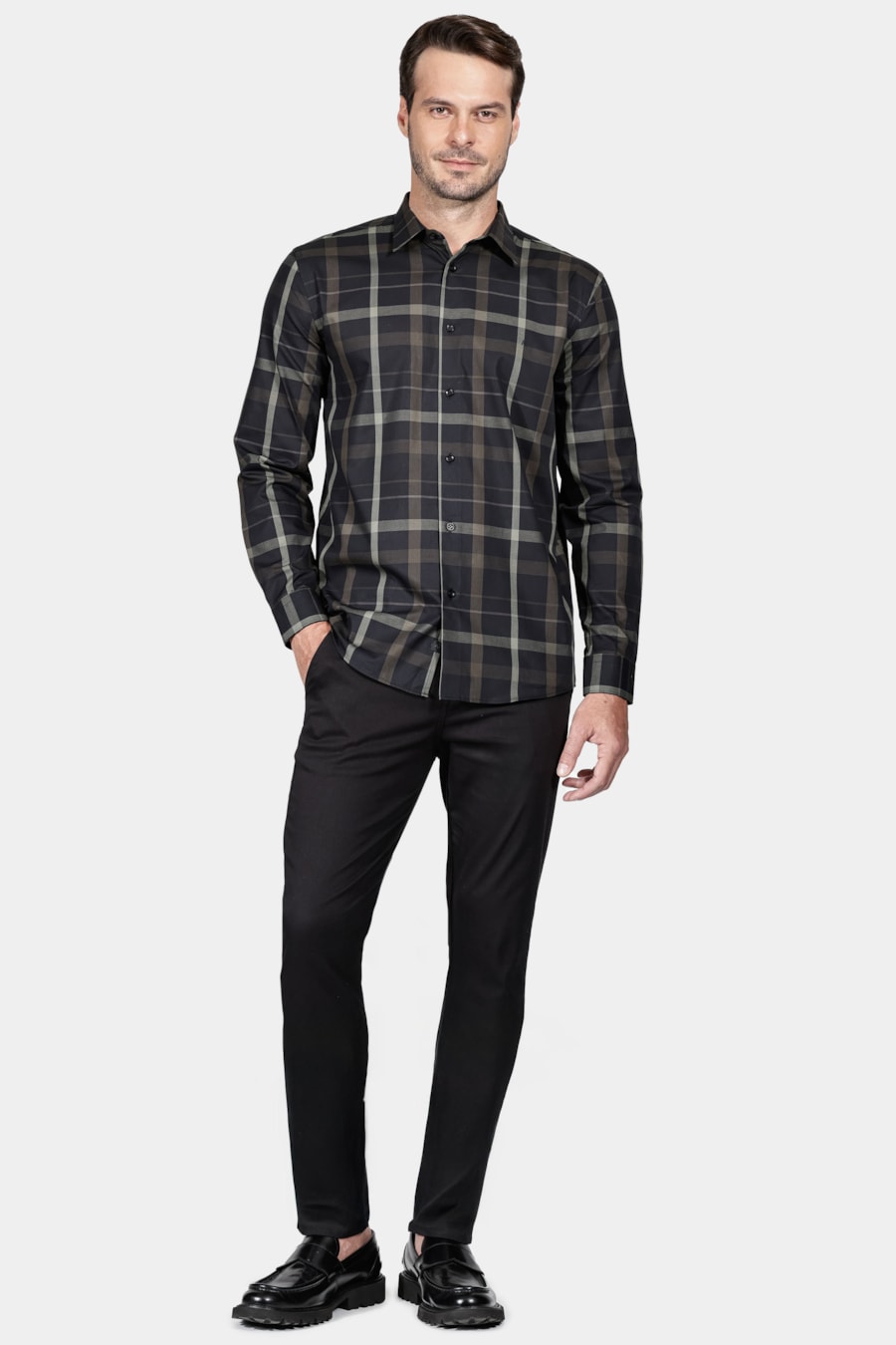 Camisa Regular Tricoline Maxi Xadrez Preto Com Verde — foto 2 de 5