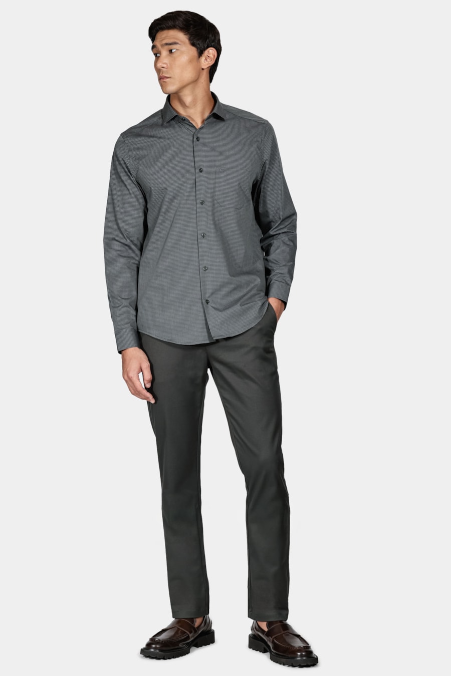 Camisa Regular Tricoline Micro Xadrez Verde Com Branco — foto 2 de 6