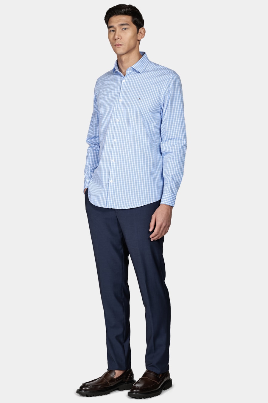 Camisa Regular Tricoline Xadrez Branco Com Azul — foto 2 de 6