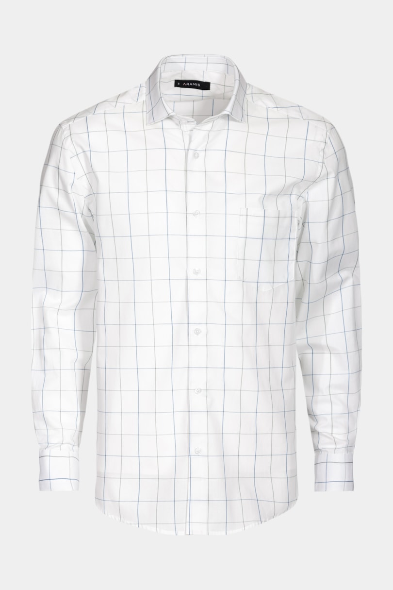 Camisa Regular Tricoline Xadrez Branco Com Azul