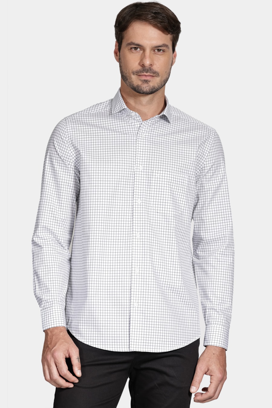 Camisa Regular Tricoline Xadrez Branco Com Preto — foto 1 de 5