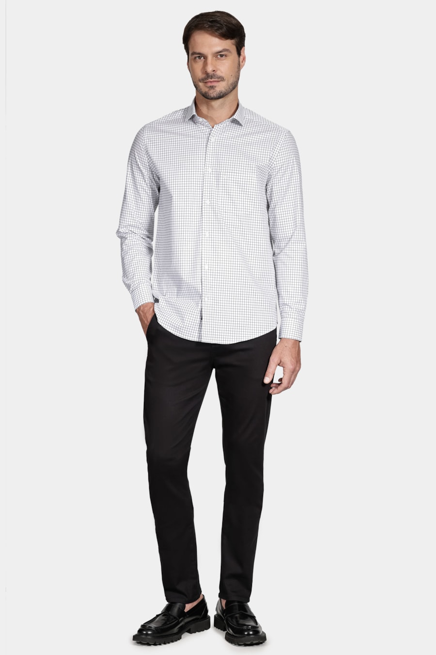 Camisa Regular Tricoline Xadrez Branco Com Preto — foto 2 de 5