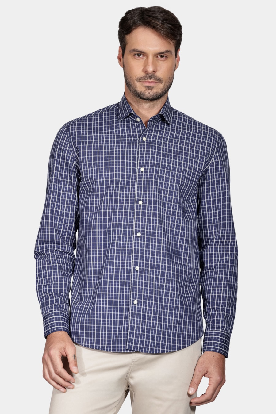 Camisa Regular Xadrez Bicolor Bolso Marinho/Branco — foto 1 de 6