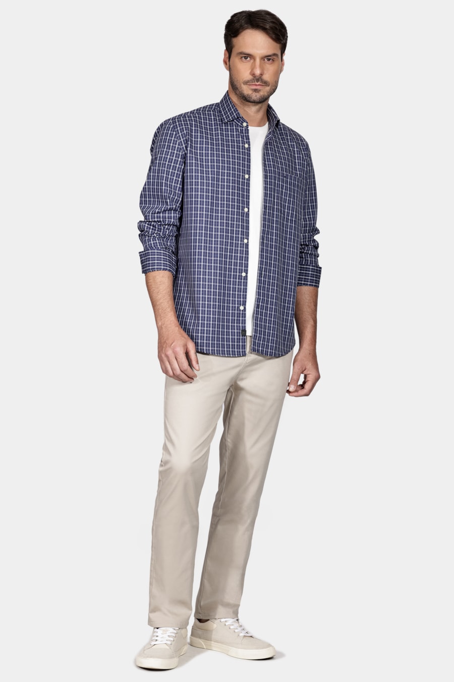 Camisa Regular Xadrez Bicolor Bolso Marinho/Branco — foto 2 de 6