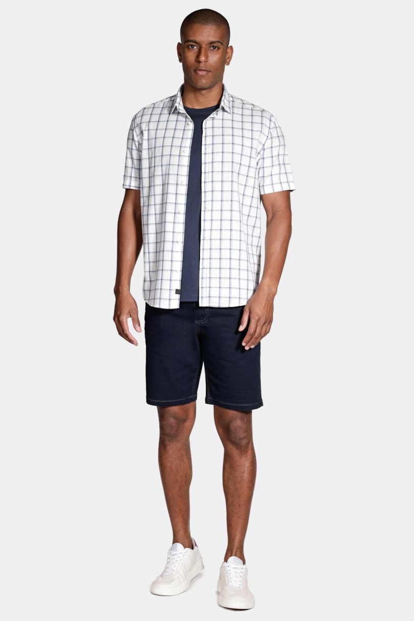 Camisa Regular Xadrez Branco Com Azul