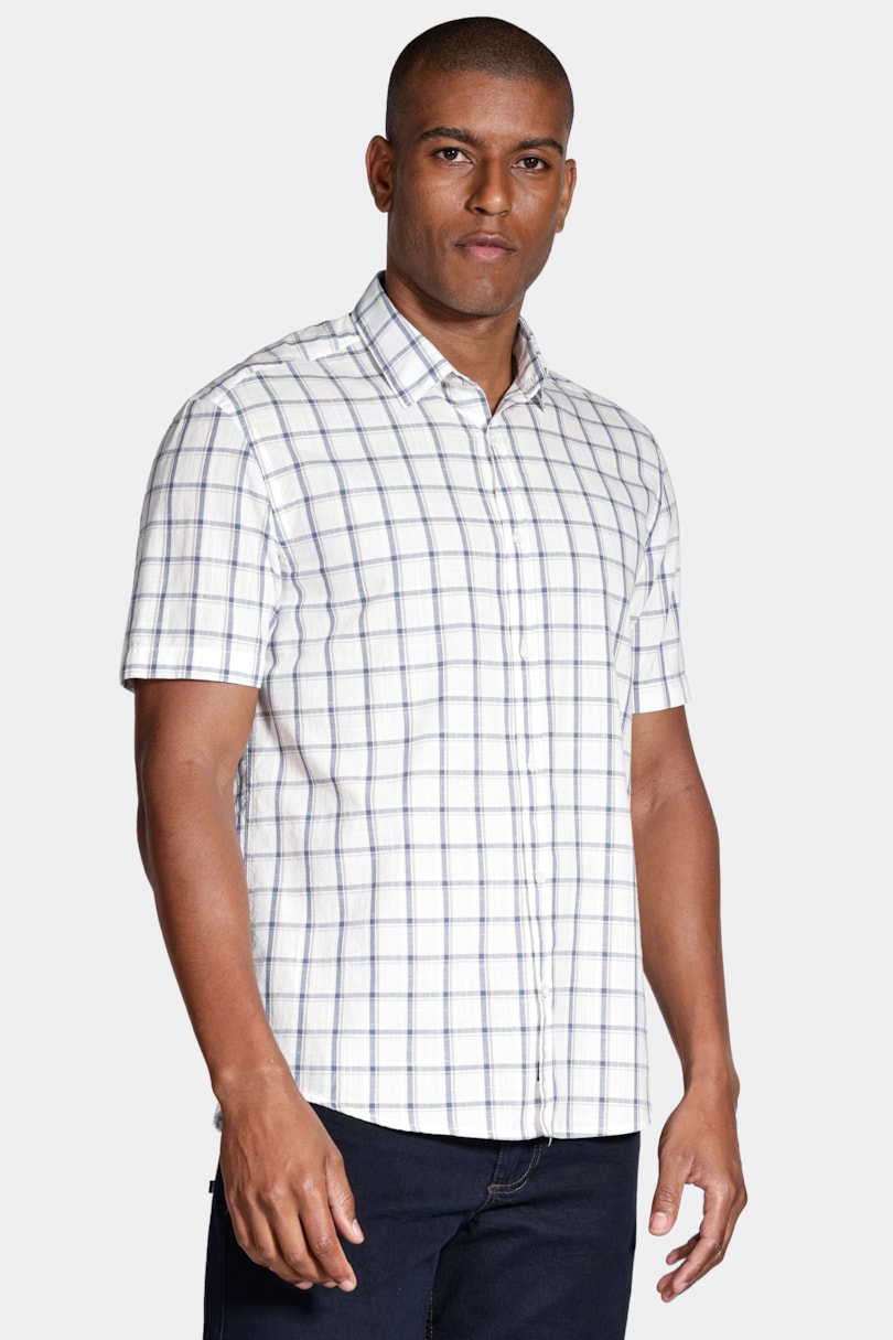 Camisa Regular Xadrez Branco Com Azul
