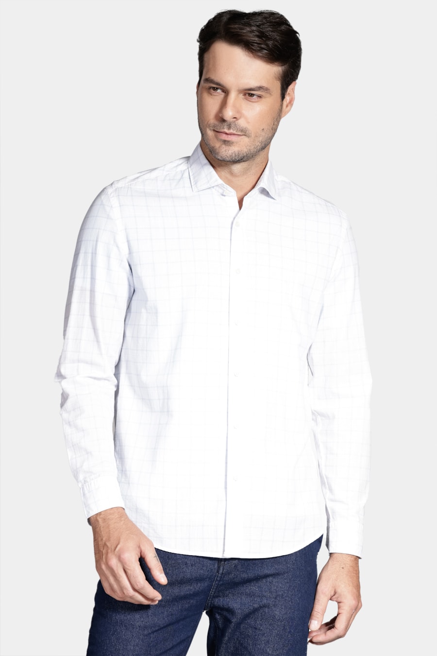 Camisa Regular Xadrez Branco Com Azul Claro — foto 1 de 6