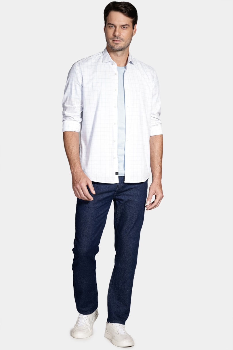 Camisa Regular Xadrez Branco Com Azul Claro