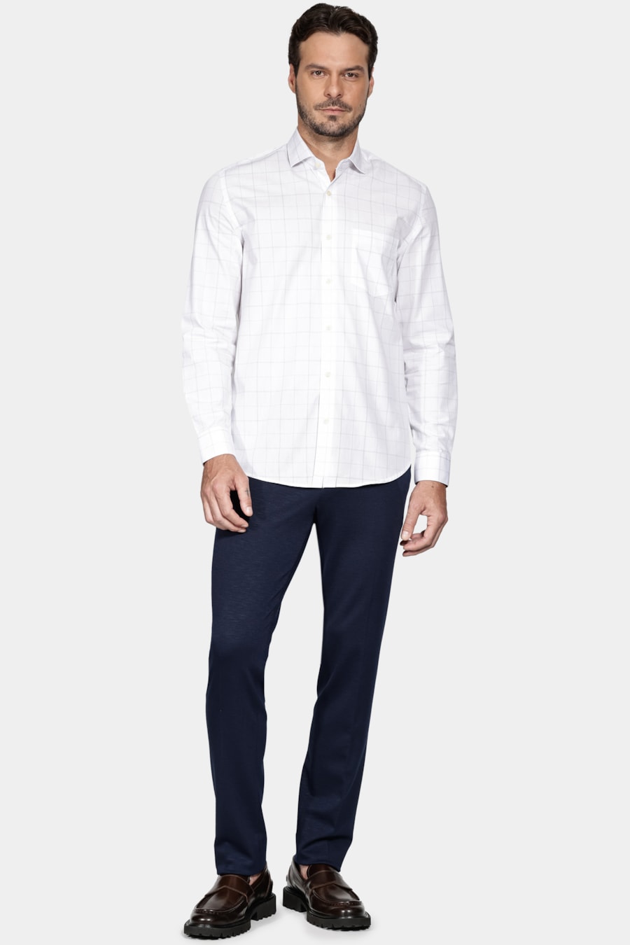 Camisa Regular Xadrez Fine Line Branco Com Azul — foto 2 de 6