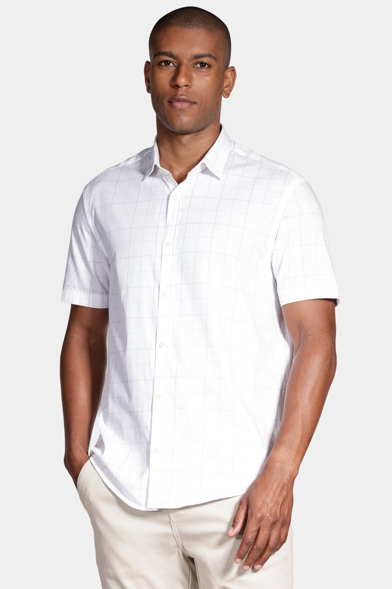 Camisa Regular Xadrez Fine Line Branco Com Azul
