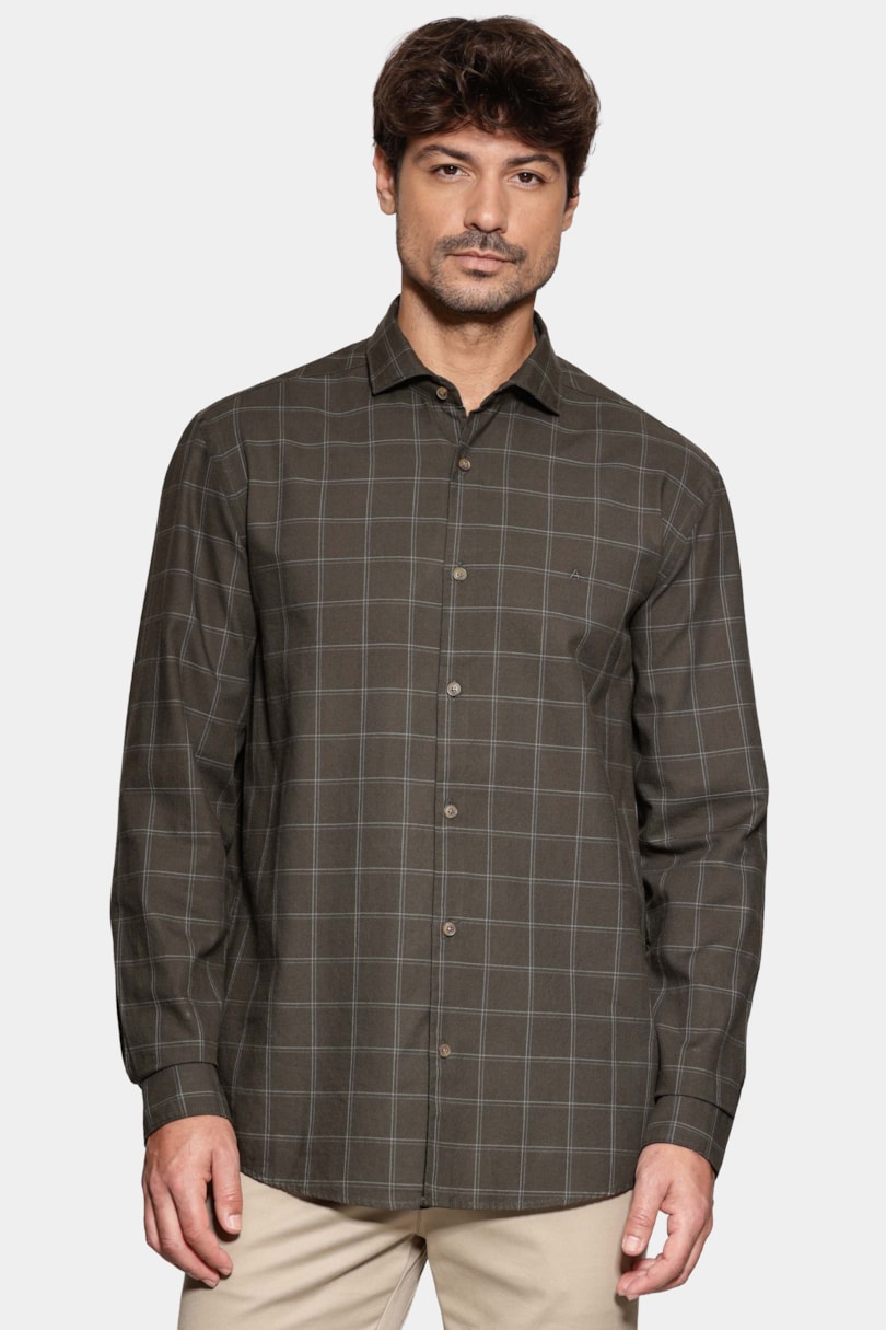 Camisa Regular Xadrez Medio Verde Escuro Com Cinza