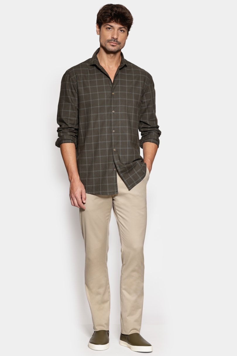 Camisa Regular Xadrez Medio Verde Escuro Com Cinza