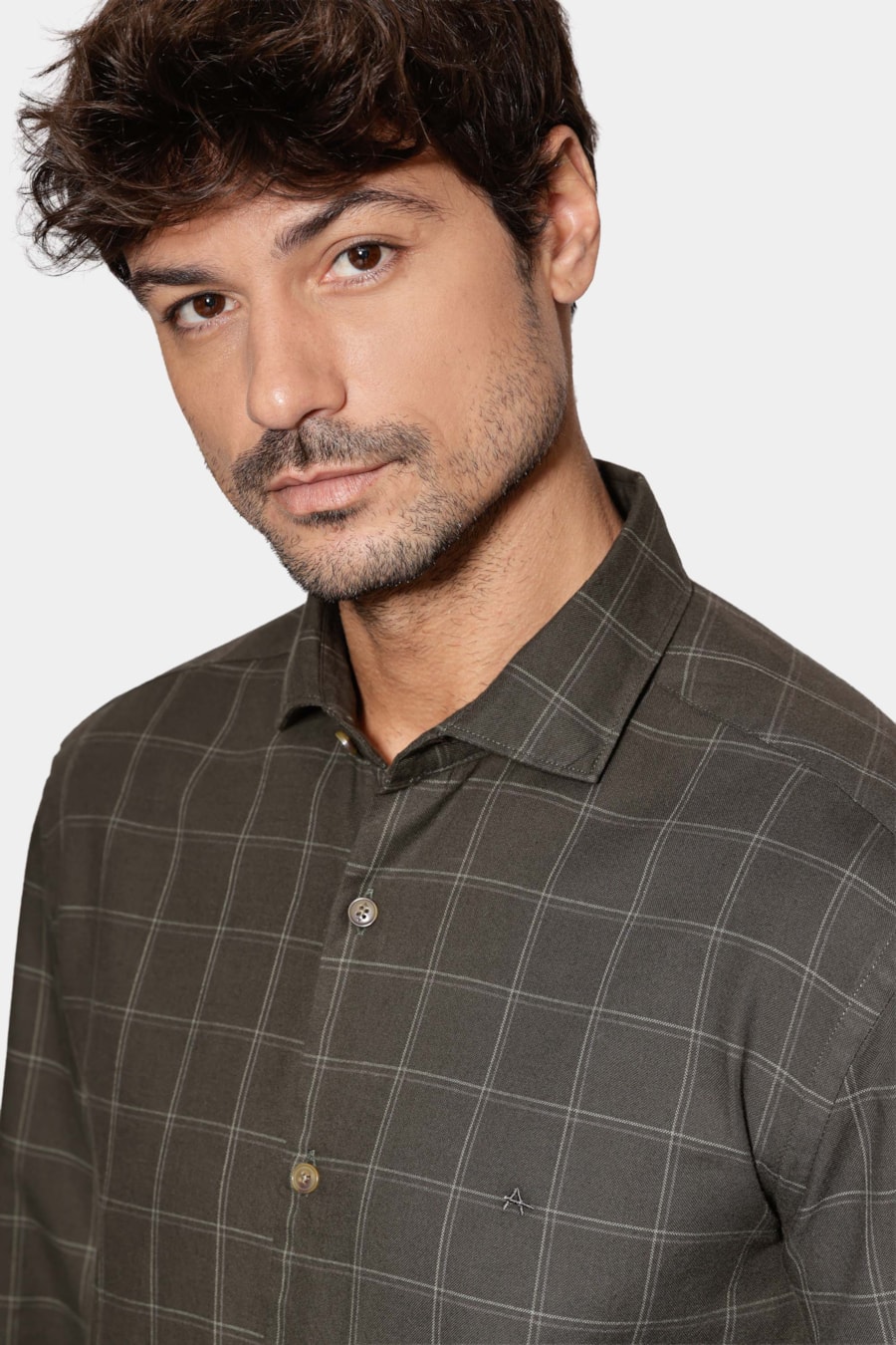 Camisa Regular Xadrez Medio Verde Escuro Com Cinza — foto 3 de 6