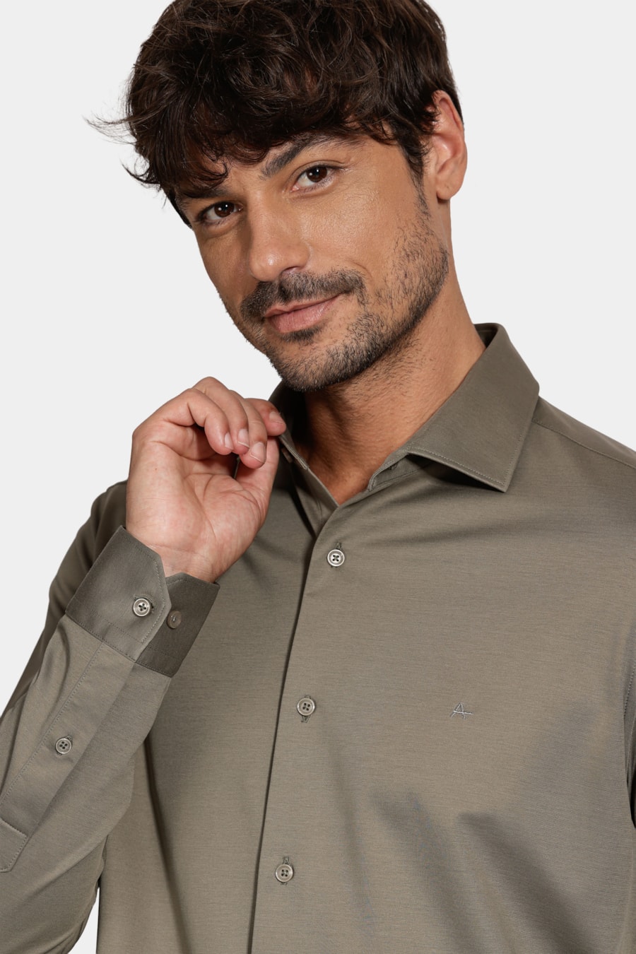 Camisa Slim A-70 Fio Duplo Mercerizado Verde Gris — foto 3 de 7