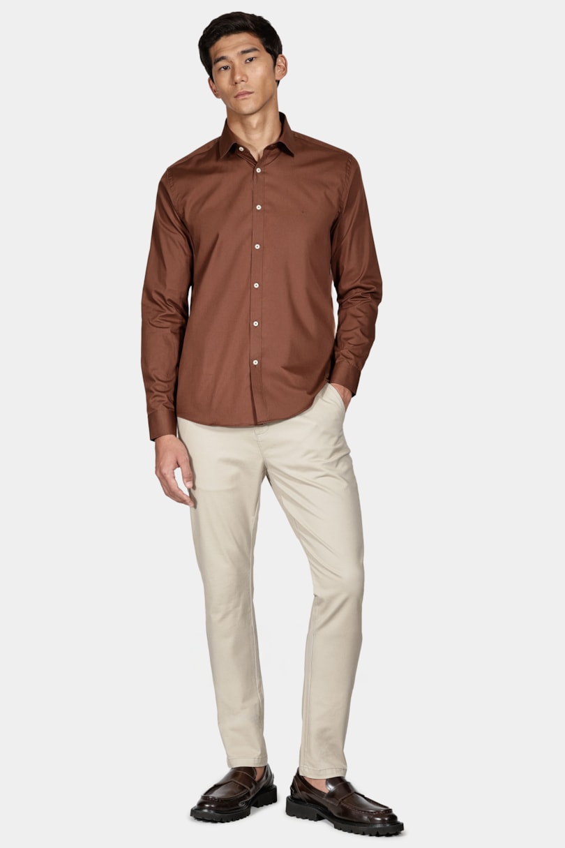 Camisa Slim Algodão Damero Marrom