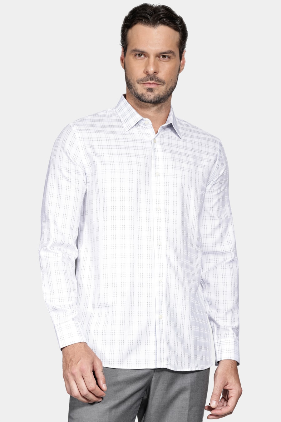 Camisa Slim Algodão Egípicio Fio 100 Maquinetada Branco Com Cinza — foto 1 de 6