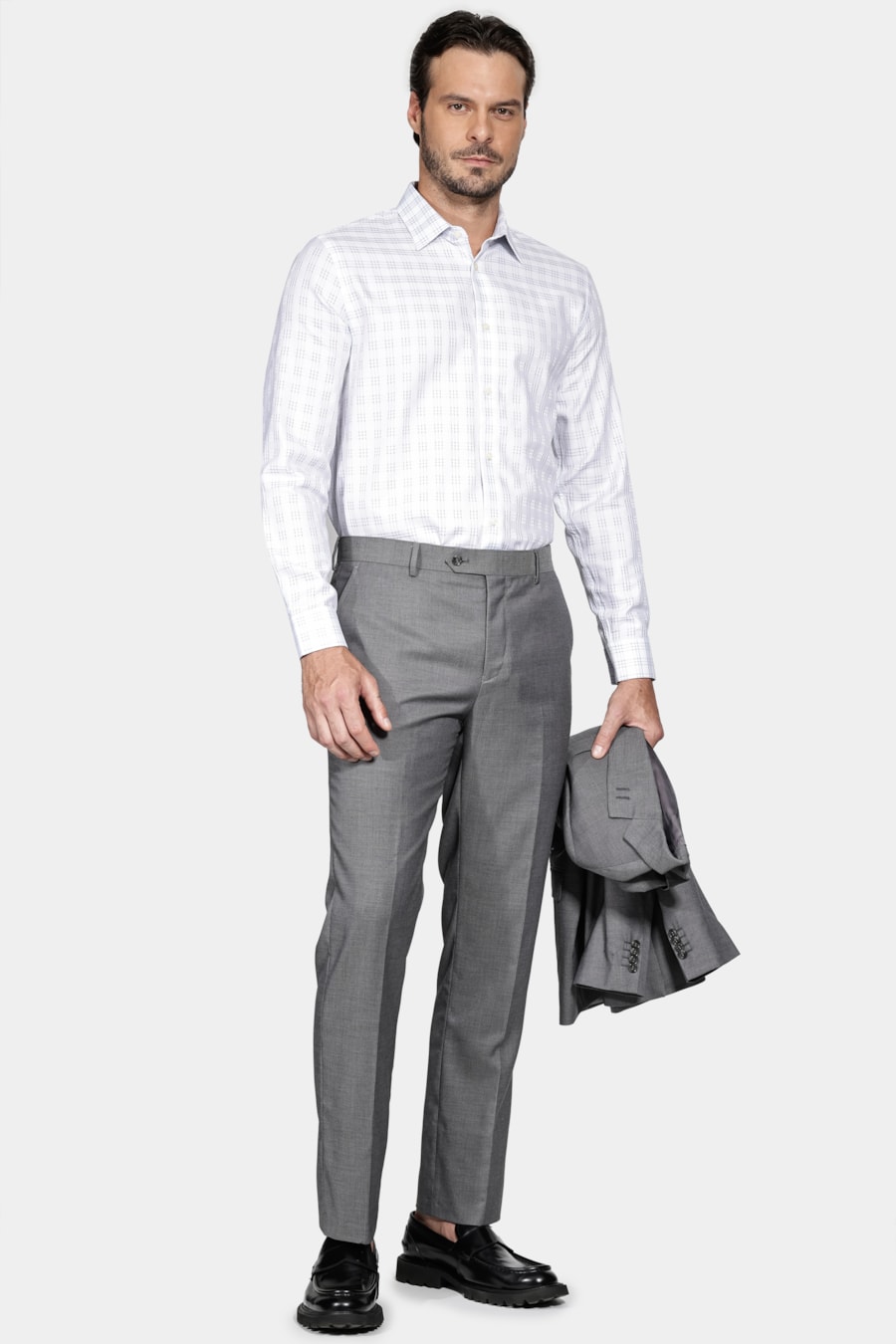 Camisa Slim Algodão Egípicio Fio 100 Maquinetada Branco Com Cinza — foto 2 de 6