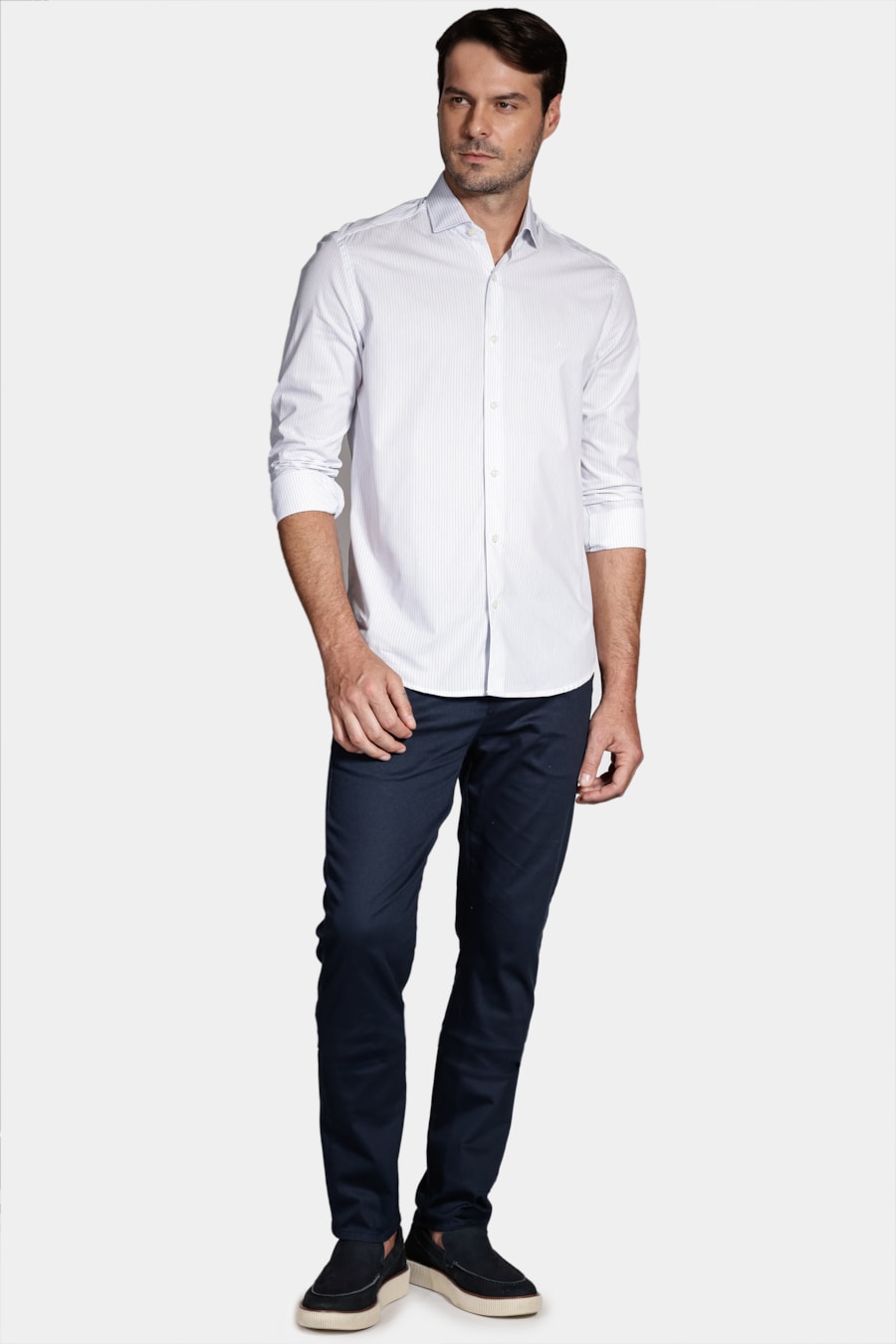 Camisa Slim Listra Clássica Branco Com Azul — foto 2 de 6