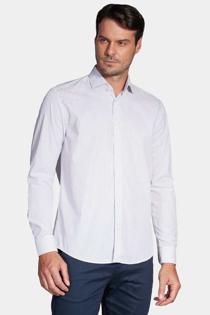 Camisa Slim Listra Clássica Branco Com Preto