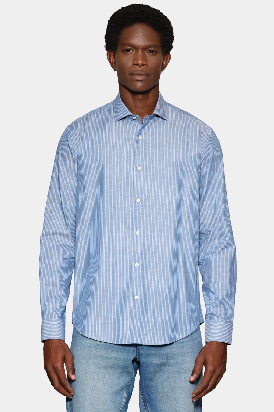 Camisa Slim Listra Vertical Azul C/Branco — foto 1 de 6