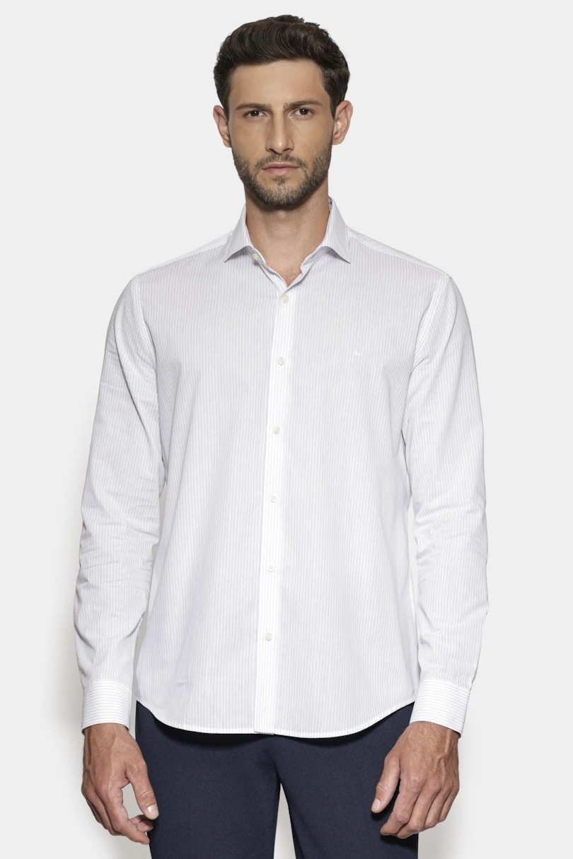 Camisa Slim Listra Vertical Branco C/Azul Claro