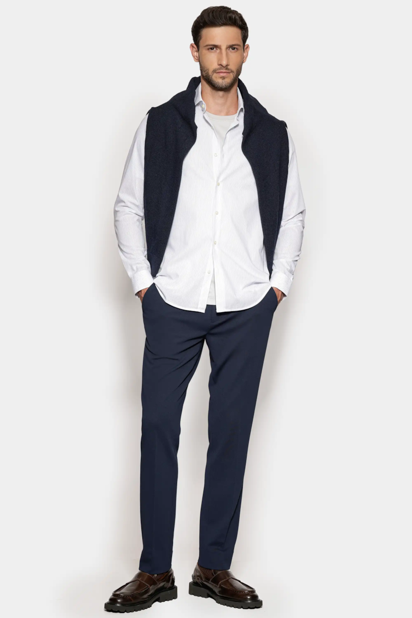 Camisa Slim Listra Vertical Branco C/Azul Claro