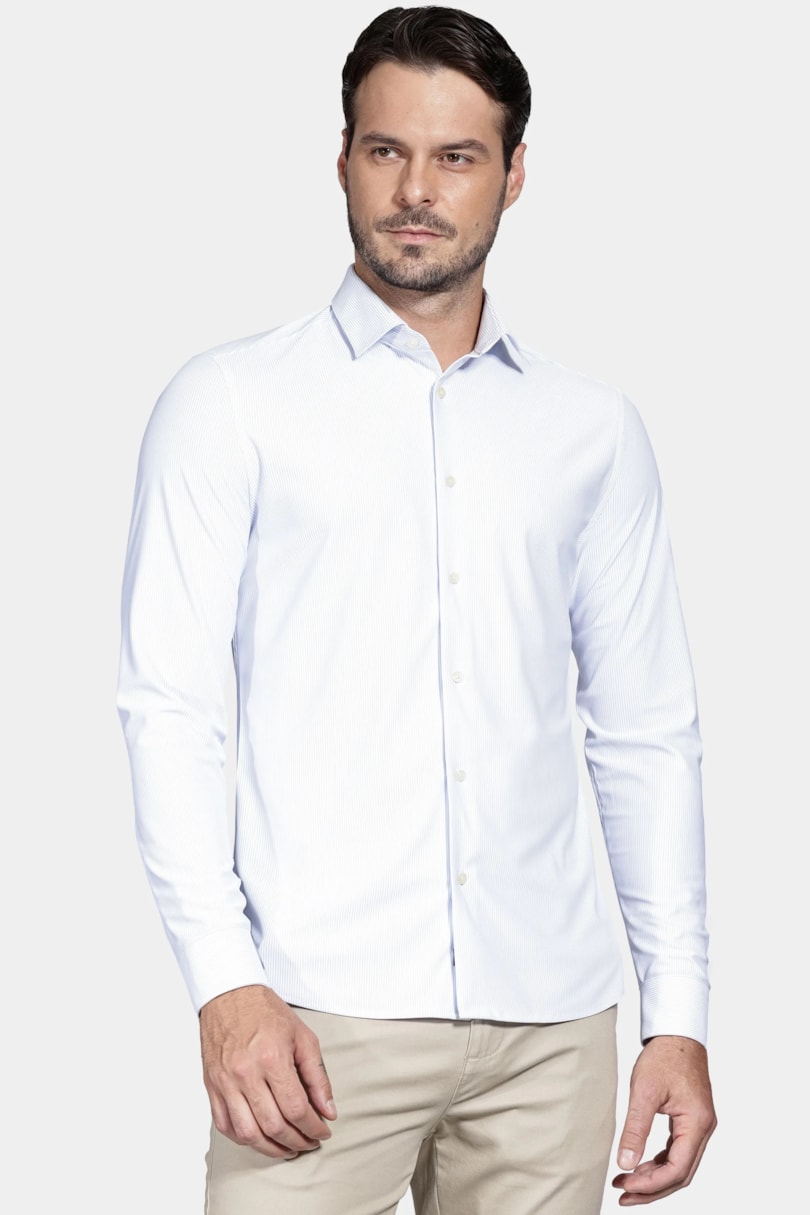 Camisa Slim Listrada Branco Com Azul Claro