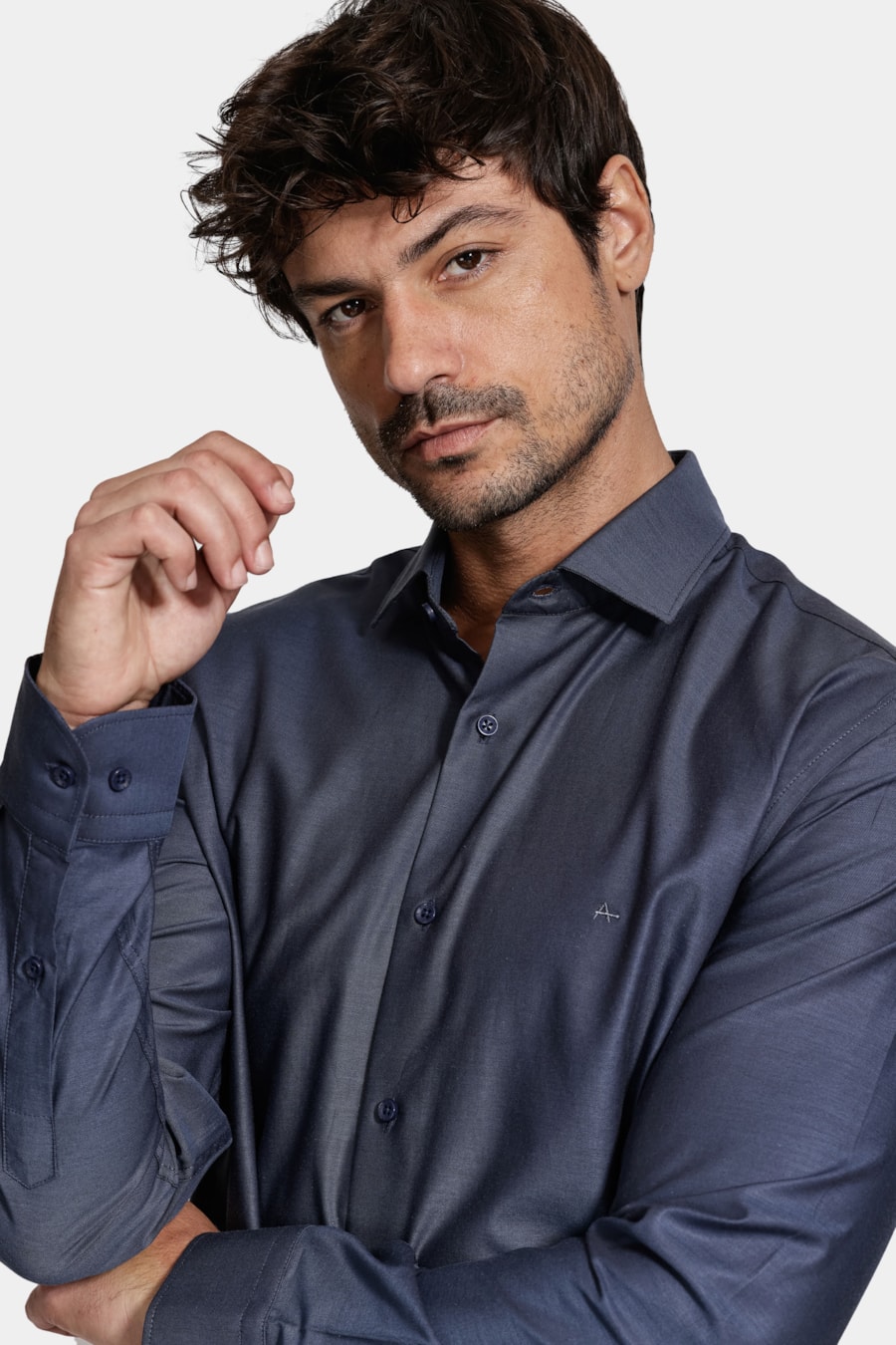 Camisa Slim Manga Longa Algodão Pima Marinho — foto 3 de 6