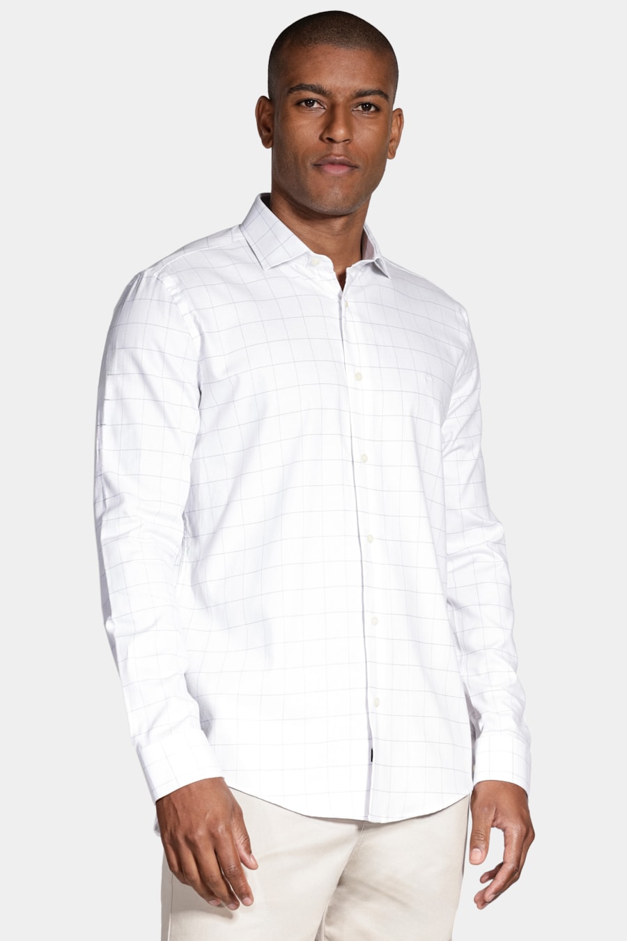 Camisa Slim Maquinetada Strech Branco Com Azul — foto 1 de 6