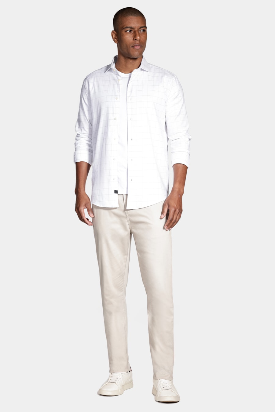 Camisa Slim Maquinetada Strech Branco Com Azul — foto 2 de 6