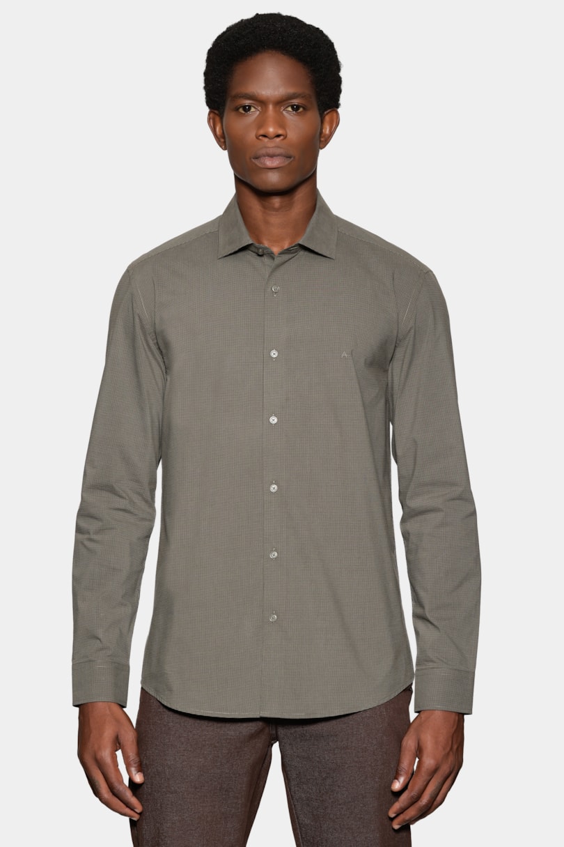 Camisa Slim Micro Xadrez Fio 60 Carbon Touch Verde C/ Verde Militar