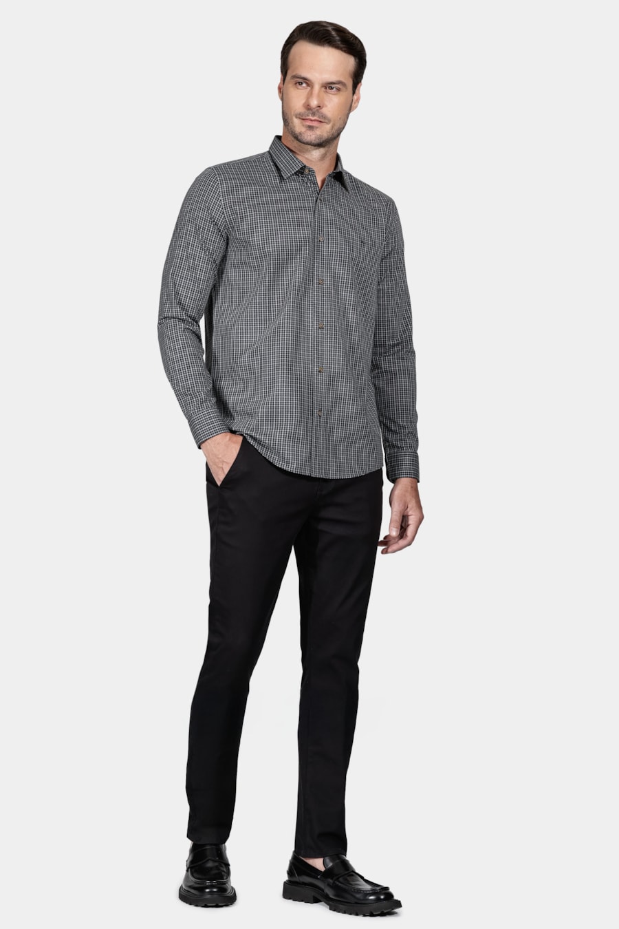 Camisa Slim Mini Xadrez Melange Cinza Com Chumbo — foto 2 de 6