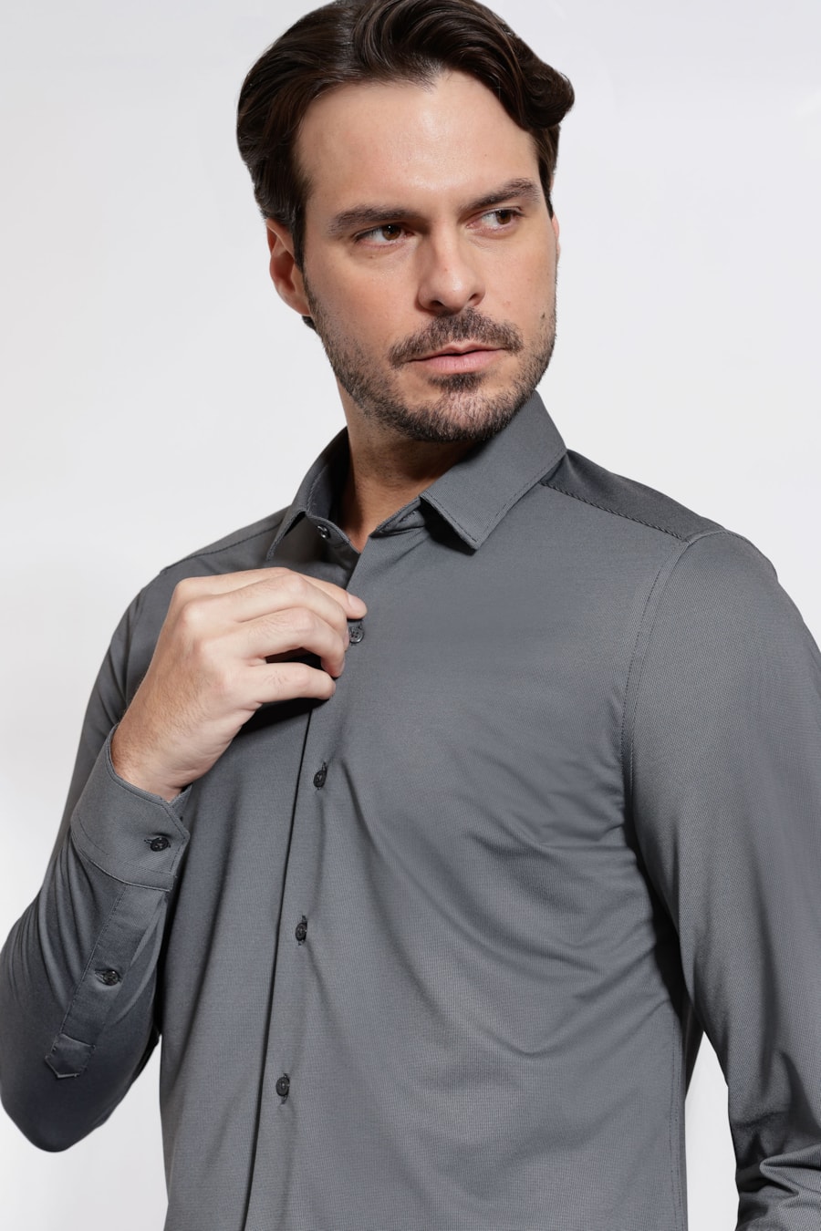 Camisa Slim Poliamida Manga Longa Chumbo — foto 3 de 5