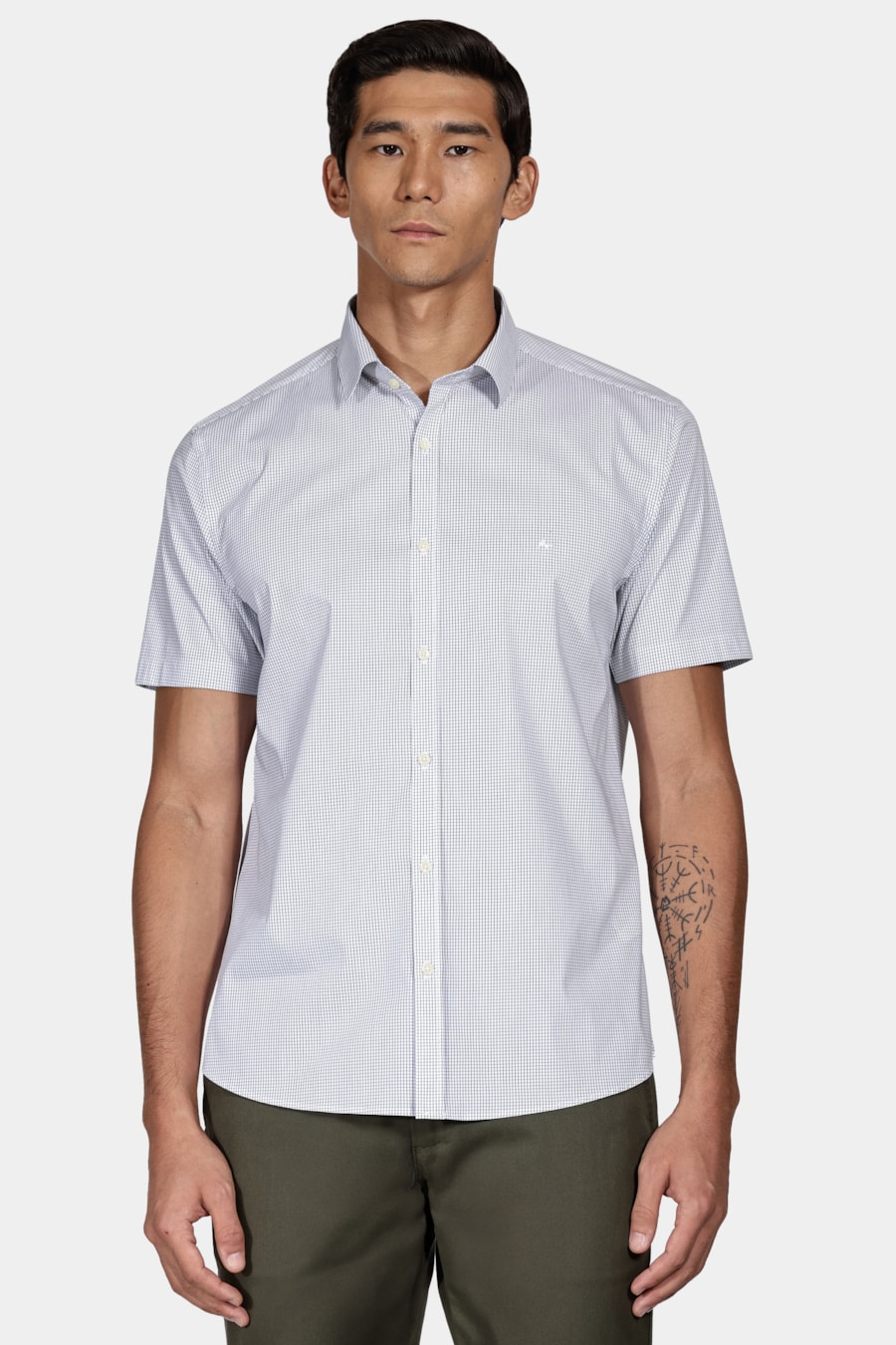Camisa Slim Strech Micro Xadrez Branco Com Preto — foto 1 de 6