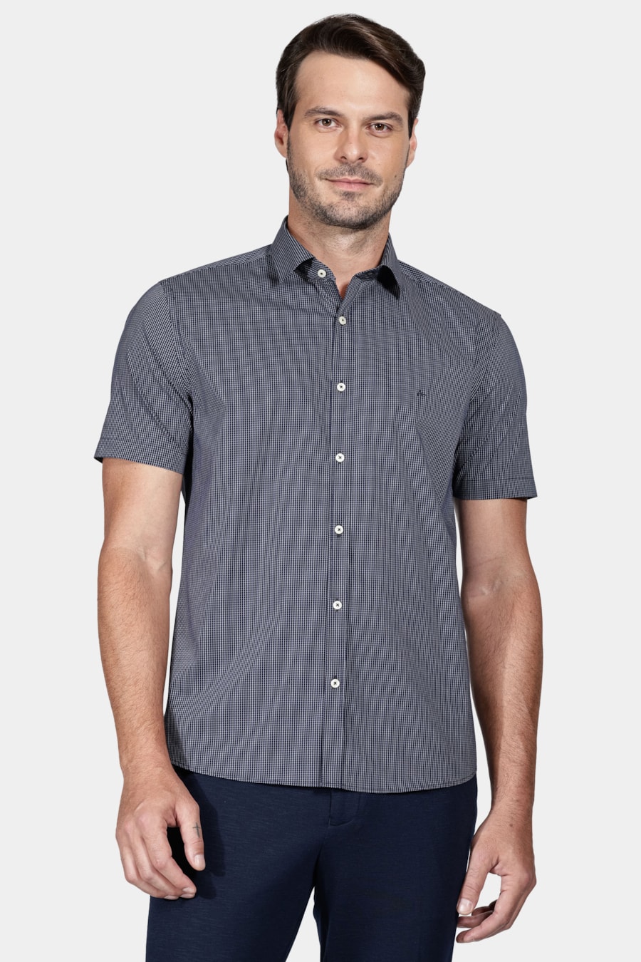 Camisa Slim Strech Micro Xadrez Marinho/Branco — foto 1 de 6