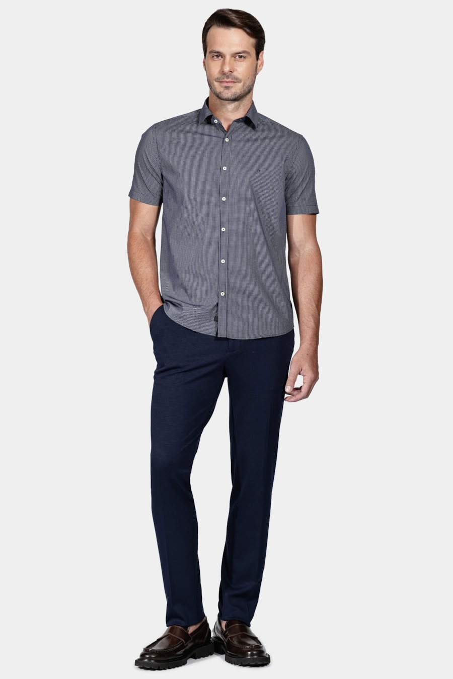 Camisa Slim Strech Micro Xadrez Marinho/Branco — foto 2 de 6