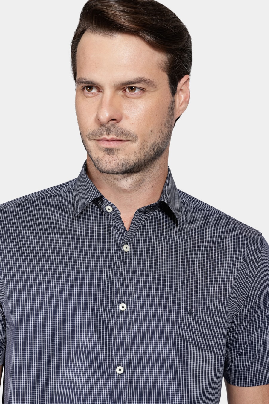 Camisa Slim Strech Micro Xadrez Marinho/Branco — foto 3 de 6