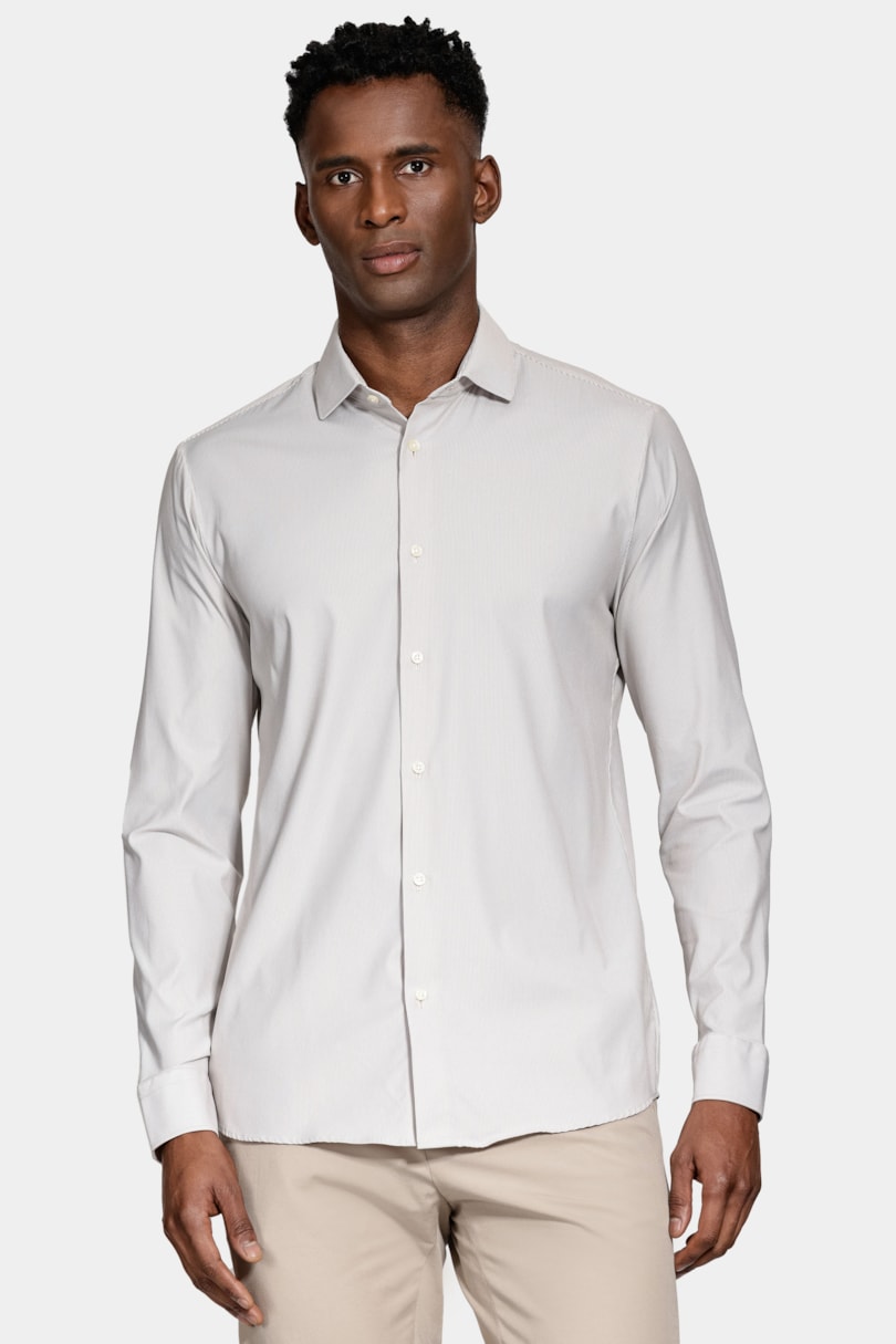 Camisa Slim Tech Flex Sarja Listrada Caqui / Branco