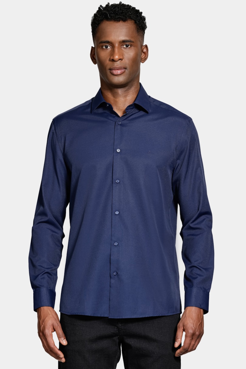Camisa Slim Tricoline Manga Longa Marinho
