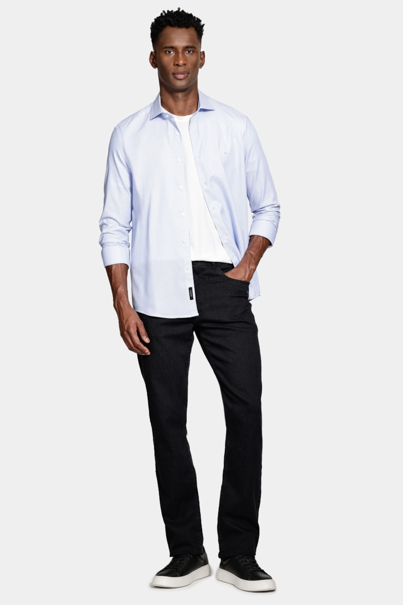 Camisa Slim Tricoline Maquinetada Manga Longa Azul Claro